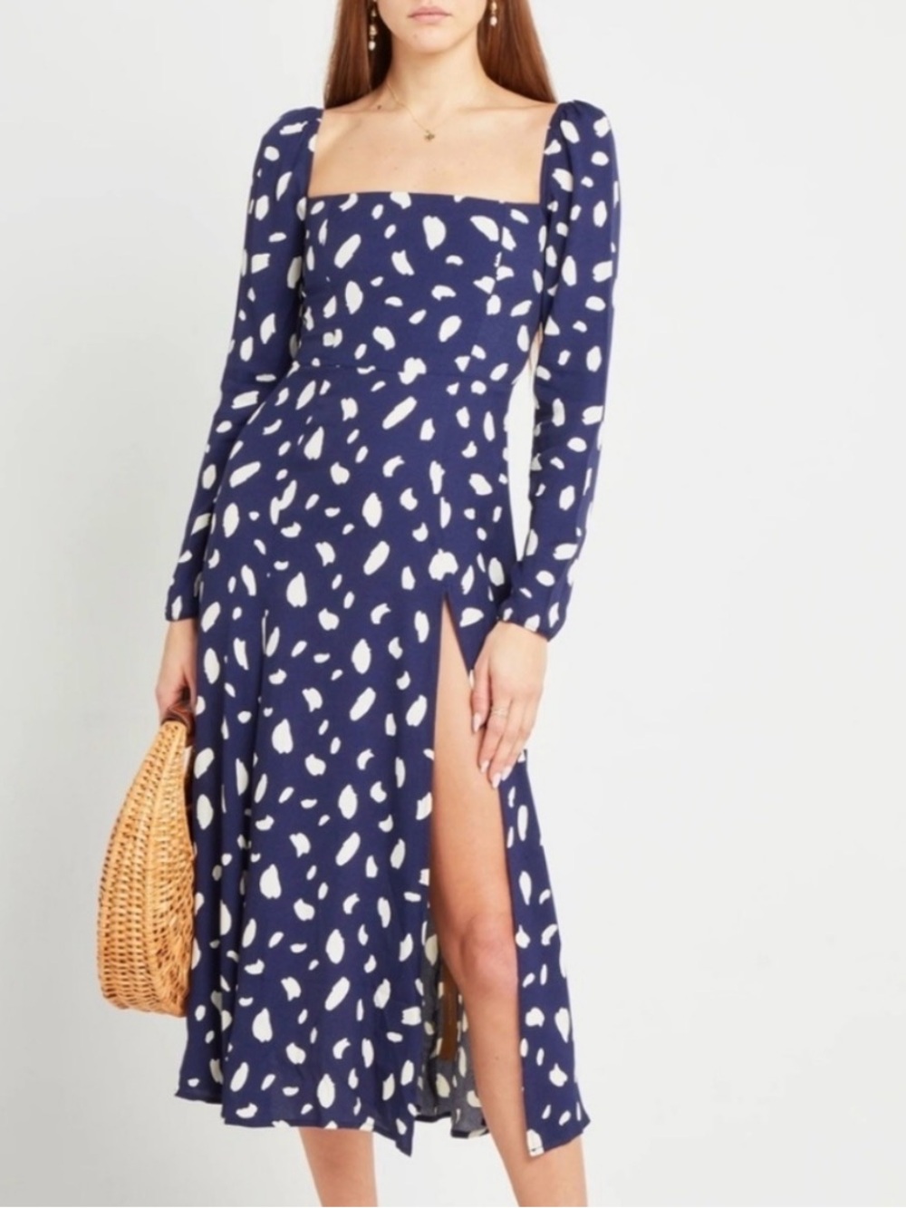 O.P.T Square-Neck Navy Midi Dress with White Spot Print